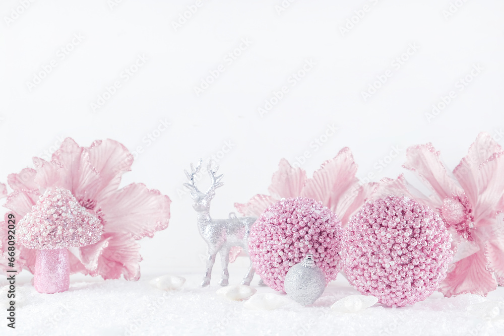 Merry Christmas. Christmas banner in pink color on a white Christmas background. Christmas background, pink xmas holiday card. Christmas card pink balls Merry Christmas. Christmas banner in pink color on a white Christmas background. Christmas background, pink xmas holiday card. Christmas card pink balls