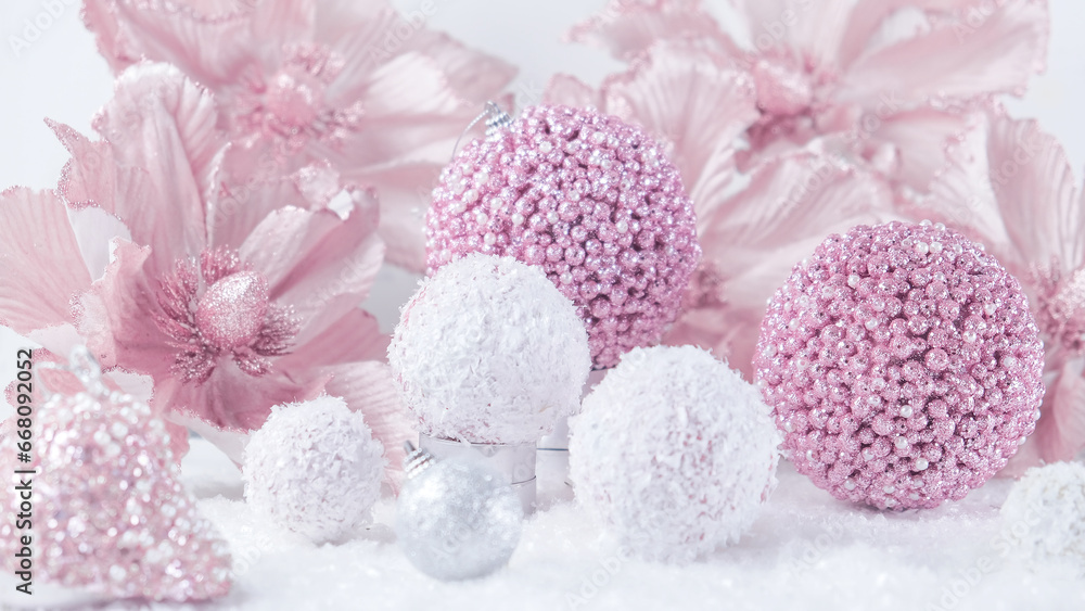 Merry Christmas. Christmas banner in pink color on a white Christmas background. Christmas background, pink xmas holiday card. Christmas card pink balls Merry Christmas. Christmas banner in pink color on a white Christmas background. Christmas background, pink xmas holiday card. Christmas card pink balls