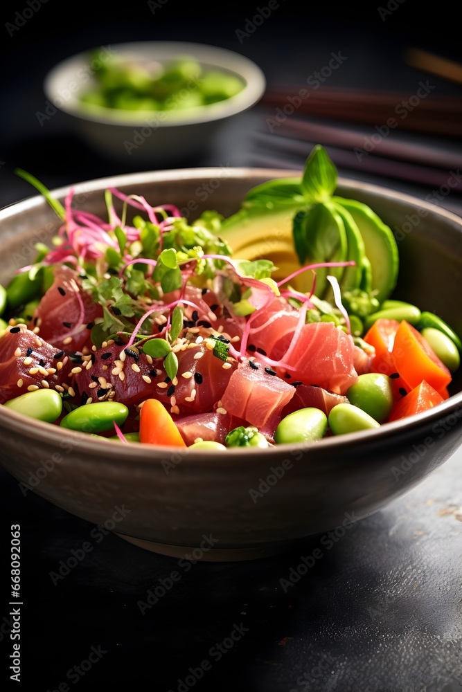 Nutritious poke bowl with vibrant veggies and raw tuna