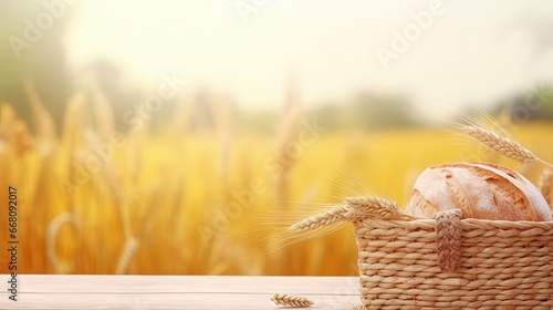 Shavout holiday mockup with empty picnic basket on wooden table over wheat field photo