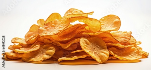fried potato chips on a white background, in the style of samyang af 14mm f2.8 rf, complex lines, hyperrealism, 32k uhd, wiesław wałkuski, tactile, double lines photo