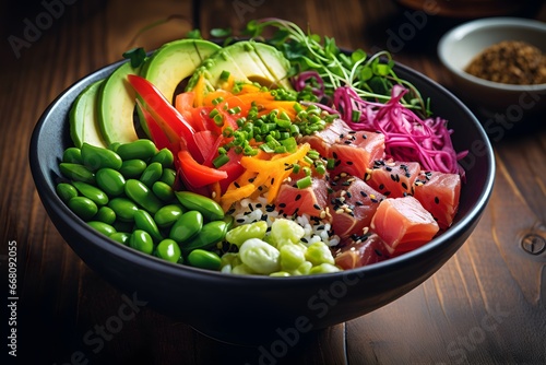A poke bowl with fresh tuna, avocado and edamame