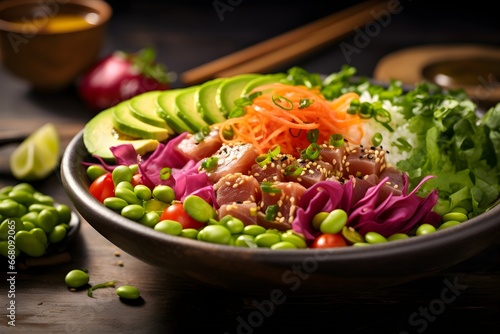 A poke bowl with fresh raw tuna, avocado, edamame and vegetables