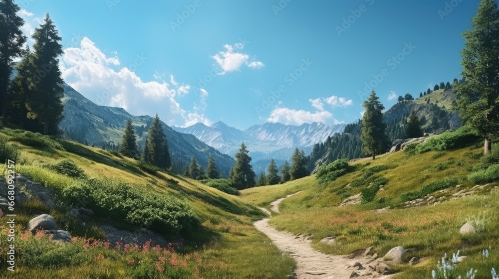 Summer mountain panorama with a forested path under a blue sky