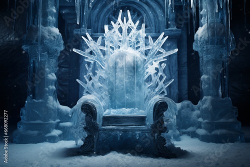 A throne made of ice with large snowflakes on the background photo