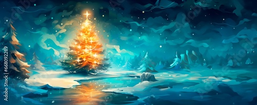 colorful abstract happy christmas tree at snowy night, wallpaper, template, Horizontal background / banner for celebrations and invitation cards, copy space for text  © XC Stock