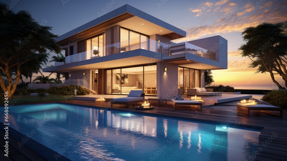 Sunset view of modern house with pool and backyard - obrazy, fototapety, plakaty 
