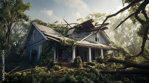 Storm causes a tree to fall and damage a house roof