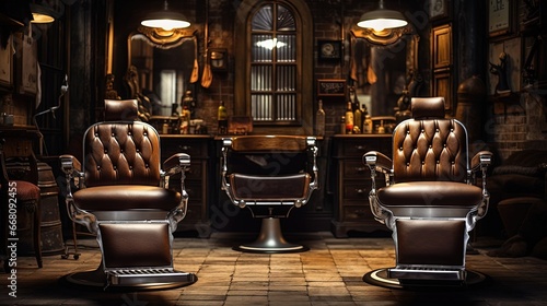 Vintage barber chairs complementing a wooden interior reflecting a barbershop theme © vxnaghiyev