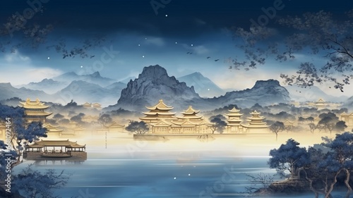 Beautiful night scene chinese wind ship illustration image Ai generated art