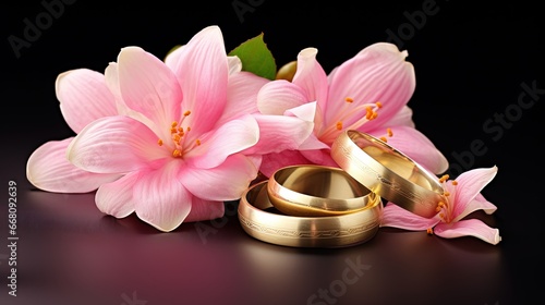 Pink flowers and two gold wedding bands against a white backdrop