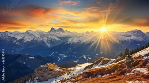 Beautiful sundown in Bavarian alps, winter sun, mountains, sunrise over the range, dark gold and orange in the style of classical layered landscape