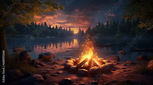 Picturesque campfire at twilight in the woods