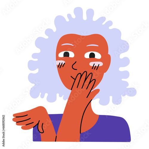 Shy girl. Cartoon vector Illustration of a girl who is embarrassed in violet and orange colours isolated on white background