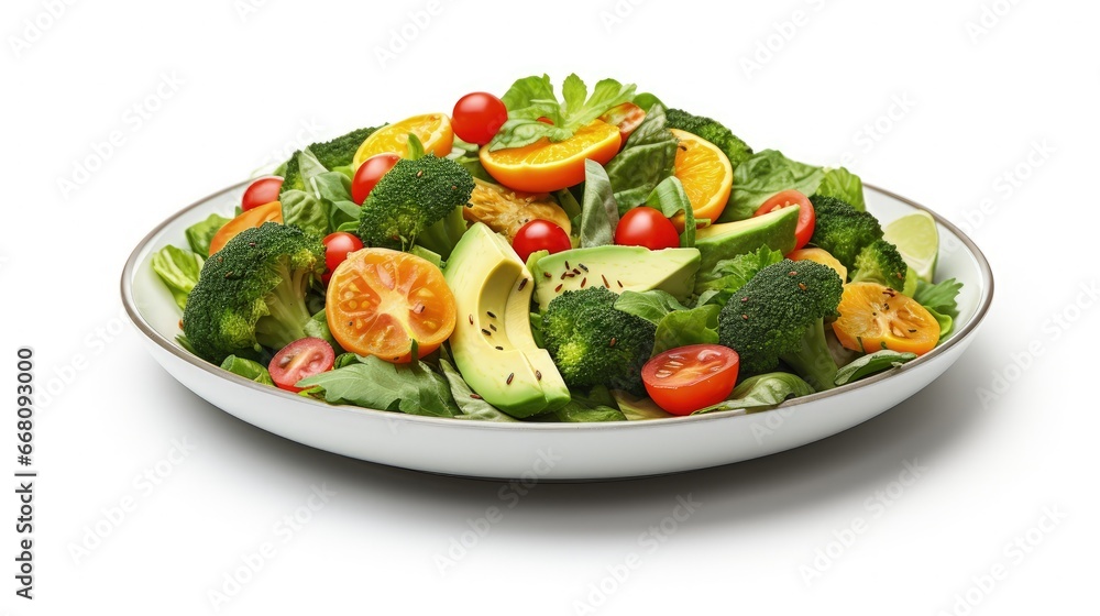Plate with avocado salad tomatoes Brussels sprouts broccoli spinach and orange slices on white background