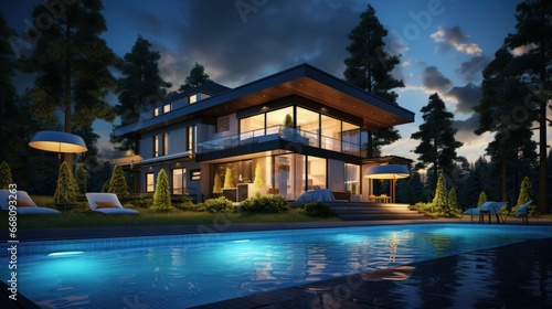 Well lit modern house with a pool surrounded by trees and blue sky