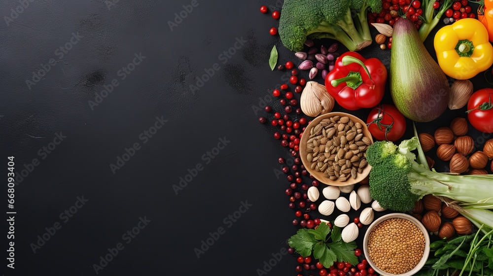 Top view of organic vegetarian food ingredients for healthy vegan nutrition in a long banner format