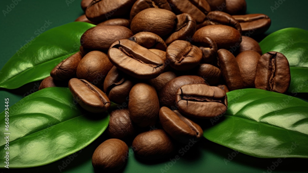 Obraz premium Three roasted coffee beans with leaves on white background