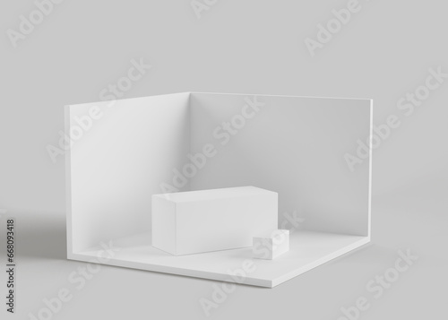 Isometric booth stand for trade show 3d render icon. Mockup empty exhibition room with white walls, floor and podiums. Blank corner display showroom, isolated presentation stall. 3D illustration © marozhkastudio