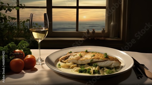 White wine and cod served a...