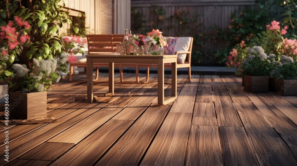 Wooden terrace furniture with wooden board flooring