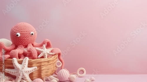 Textile craft composition on beige background Pink crocheted toy yarn ball crochet hooks Empty space for text
