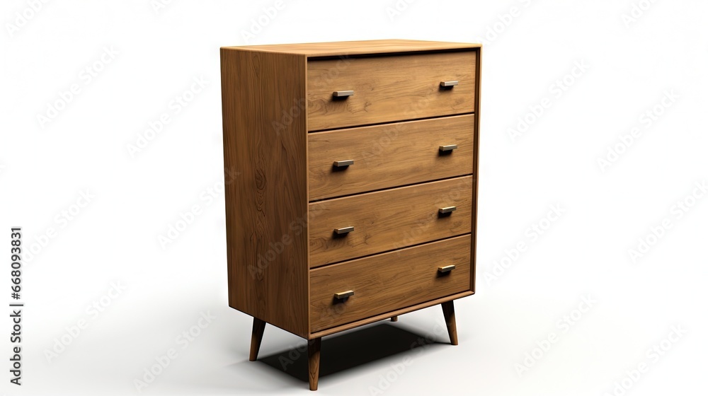 Wood dresser with mirror made of solid American oak and featuring four drawers isolated on white Wood dresser with mirror made of solid American oak and featuring four drawers isolated on white