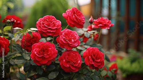 Summer decorations and gardening with a stunning red rose bush in a countryside home garden