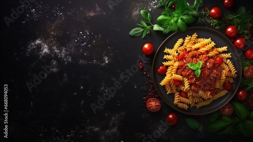 Top view of fusilli pasta with meatballs in tomato vegetable sauce garnished with herbs and grated cheese on a dark background with space to copy