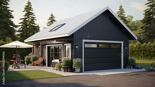 White double garage with a pitched roof and black retractable metal door photo