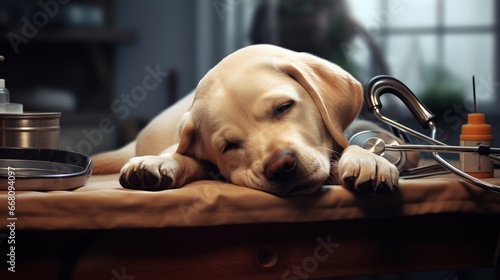 Sleepy Labrador dog in vet ...