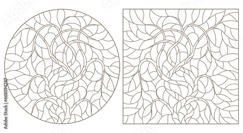A set of contour illustrations in the style of stained glass with abstract trees, dark contours on a white background