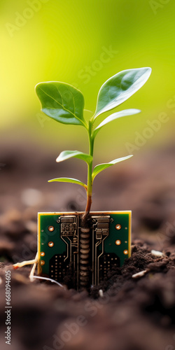 Subtle seedling sprouting from a circuit board embedded in the earth. Bridging the gap between nature and technology, harmonizing the organic and the artificial.