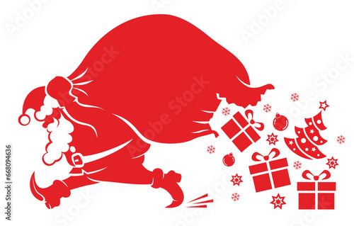 Santa Claus walks with torn sack on his shoulders, from which gifts spill out. Vector template with copy space for you text greeting, invitation card