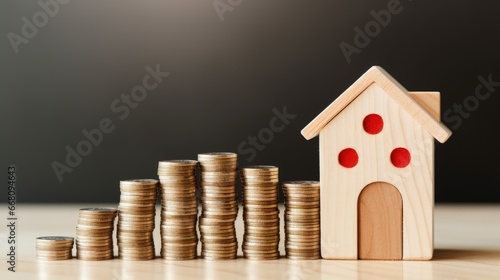 Small house on wooden block with rising red percentage and pile of coins