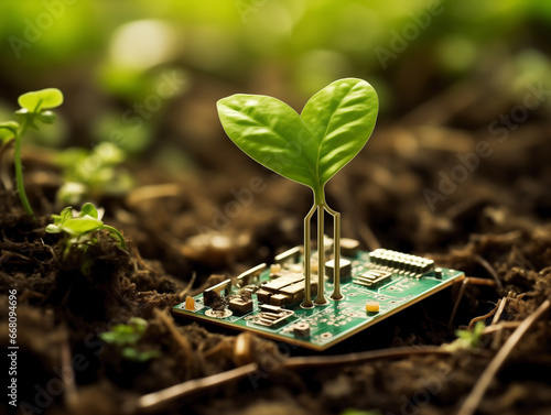Minor plant sprout emerging from a circuit board inserted into the soil. Synergy of nature and technology, creating equilibrium between the organic and the artificial.
