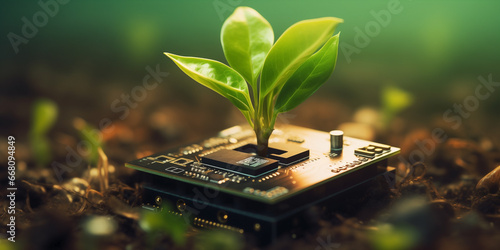 Small vegetation sprout growing from a circuit board planted in the soil. Potential in the context of nature and technology coalescence, creating equilibrium between the organic and the artificial.