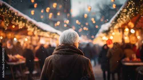 Elderly woman is standing in vibrant Christmas market. Old grandmother looking to festive decorations, twinkling lights and holiday ornaments that add magical touch to the market. Winter season vibe.