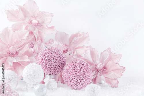 Merry Christmas. Christmas banner in pink color on a white Christmas background. Christmas background  pink xmas holiday card. Christmas card pink balls