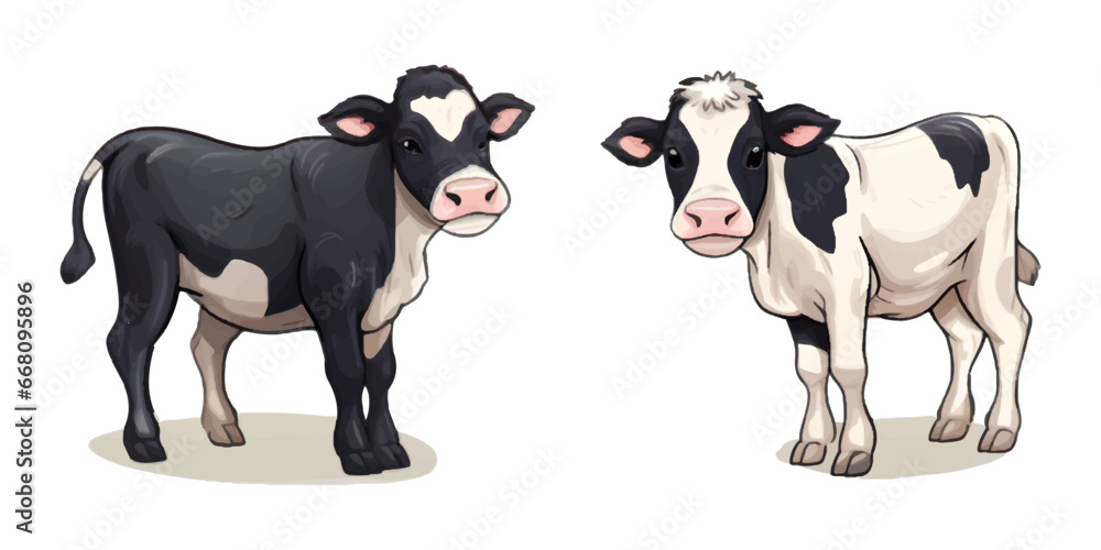 Set of black and white Cows. Flat Vector Illustration Isolated on white background