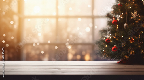 Empty wooden table and christmas tree with bokeh background.