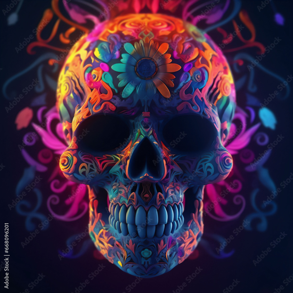 Beautiful 3d black light poster OF skull in bright colors in the style of the day of the dead in Mexico. . High quality illustration Beautiful 3d black light poster OF skull in bright colors in the style of the day of the dead in Mexico. . High quality illustration