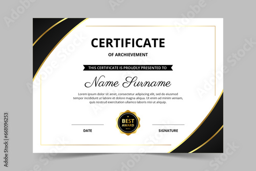 Modern elegant black and gold certificate template. Appreciation for business and education. Vector illustration