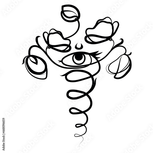 Female uterus and reproductive organs with flowers drawing in abstract line style.Uterus emblem,logo icon or tattoo idea design.Girls power concept.Women's health.Vector graphics