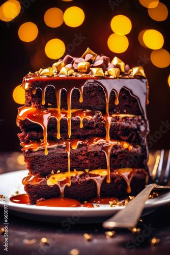 Piece of Delicious Chocolate Cake with Caramel Sauce