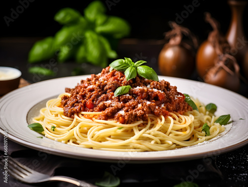 A beautifully plated spaghetti dish topped with savoury ragu and garnished with fresh basil on a dark backdrop.