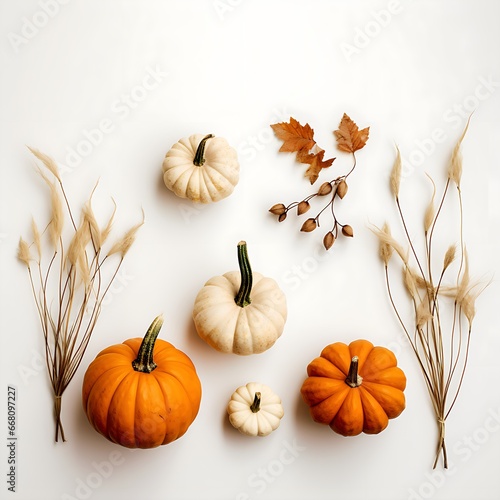White and orange pumpkins on a white background, minimal flat lay background. High quality illustration