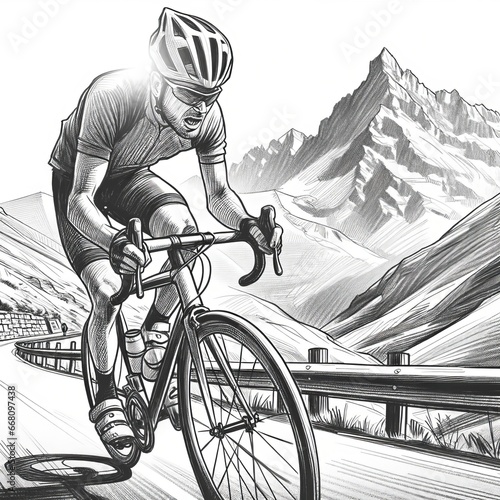 Fahrradfahrer Rennfahrer biker auf Bergstraße Alpen Bergauf Bergab, bei Sonne mit Gebirge im Hintergrund Berge photo