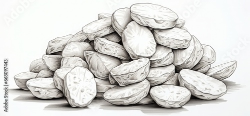 the image shows a pile of potato chips, in the style of crisp lines, stipple, zuckerpunk, zany