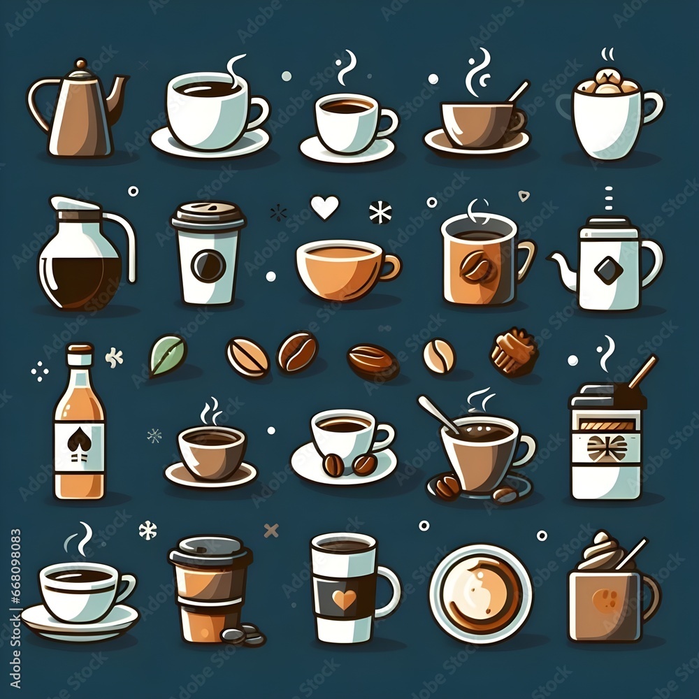 set of coffee icons, such as tea, drinks, cocoa, cup, cafe,- Generative AI set of coffee icons, such as tea, drinks, cocoa, cup, cafe,- Generative AI